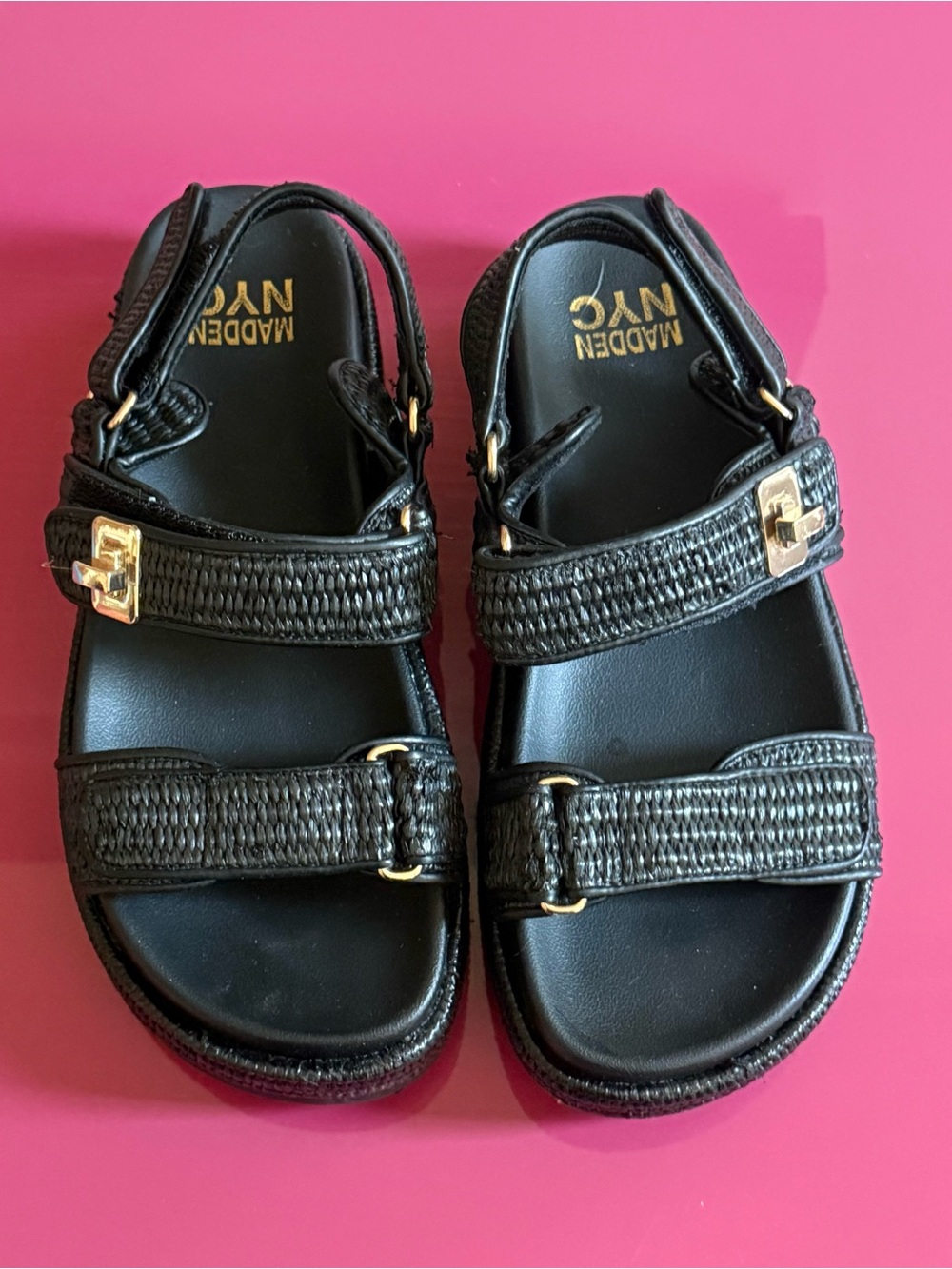 Steve Madden Black Woven Strap Sandals with Gold Accents